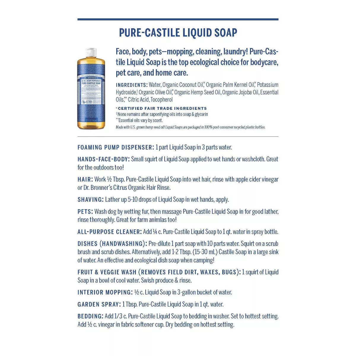 Dr. Bronner'S Magic Pure Castile Liquid Soap Bodywash - Peppermint - 16 Fl Oz: Vegan, Paraben-Free, Whole Body, Normal Skin