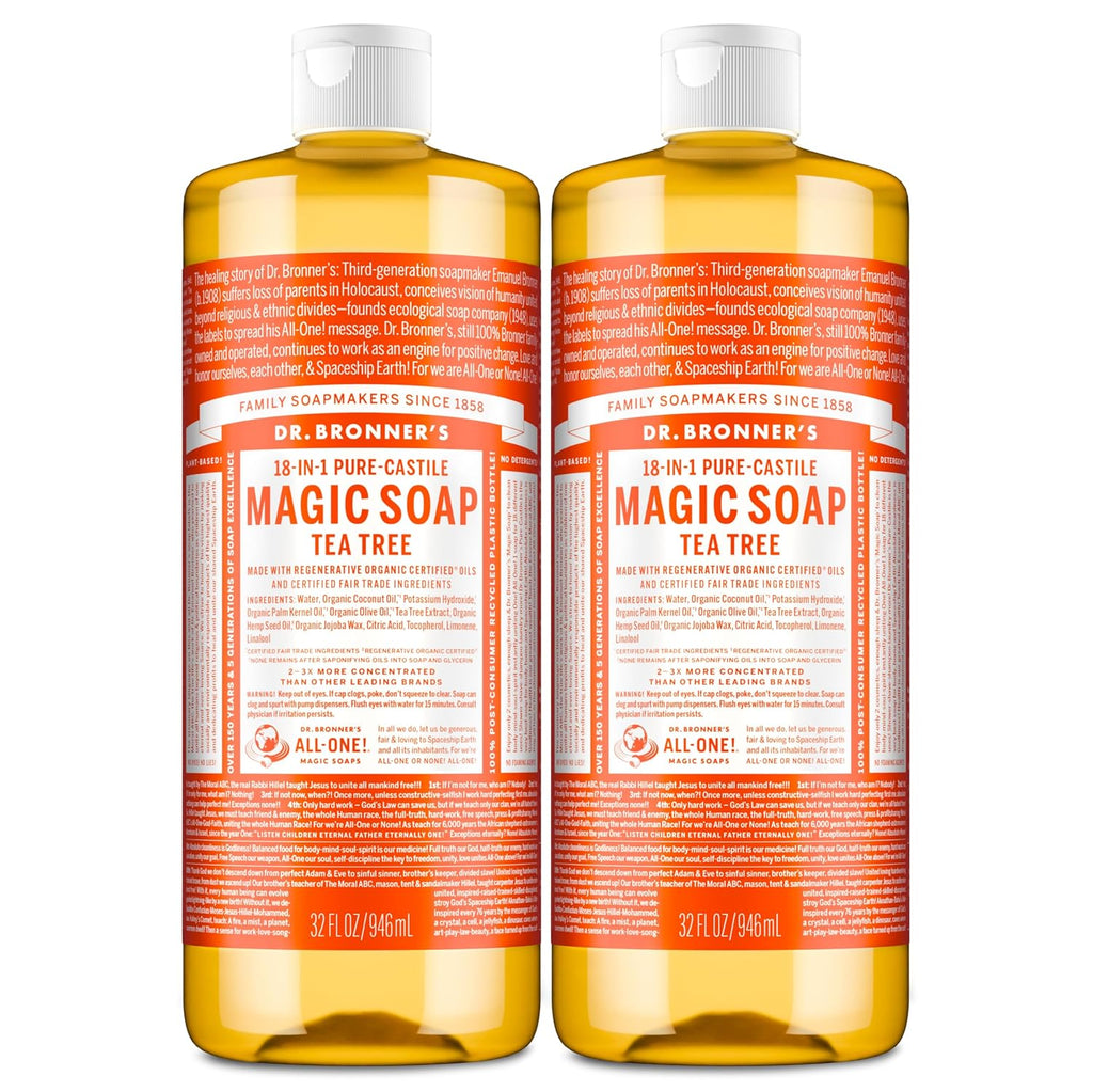 Pure-Castile Magic Soap Liquid (Tea Tree, 32 Ounce, 2-Pack) - Made with Regenerative Organic Certified Oils, 18-In-1 Uses: Body, Hair, Laundry & Dishes, Concentrated, Vegan, Non-Gmo