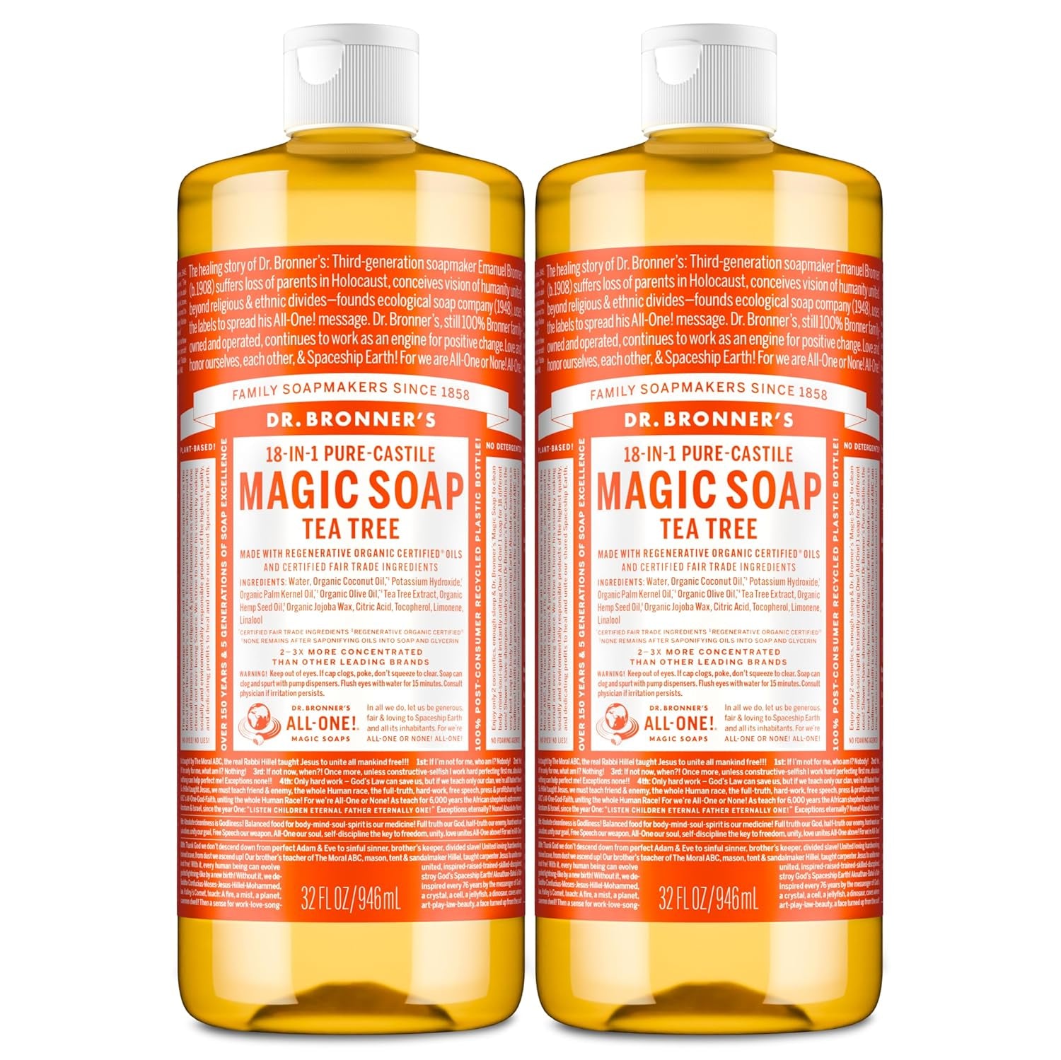 Pure-Castile Magic Soap Liquid (Tea Tree, 32 Ounce, 2-Pack) - Made with Regenerative Organic Certified Oils, 18-In-1 Uses: Body, Hair, Laundry & Dishes, Concentrated, Vegan, Non-Gmo