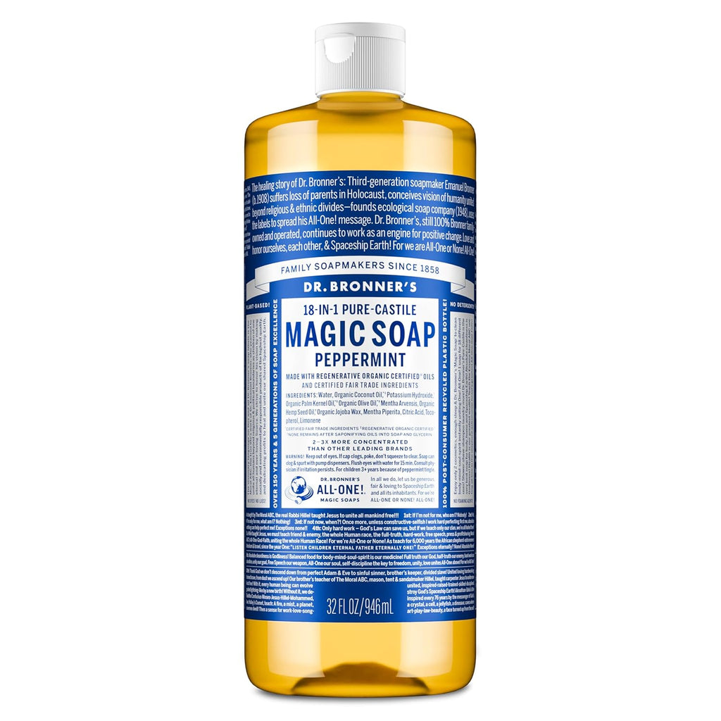 Pure-Castile Magic Liquid Soap - Made with Regenerative Organic Certified Oils- 18-In-1 Uses for Face, Body, Hand, Hair, Laundry & More- Vegan, Non-Gmo- Body Wash- Peppermint,32Oz