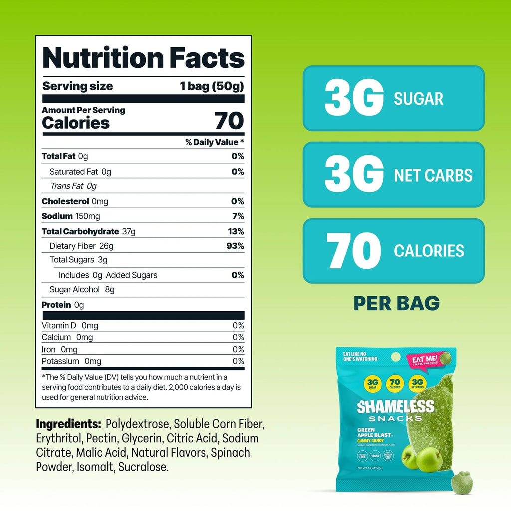 Snacks - Healthy Low Calorie Snacks, Low Carb Keto Gummies (Gluten Free & Non GMO Candy) - 6 Pack Green Apple Blast