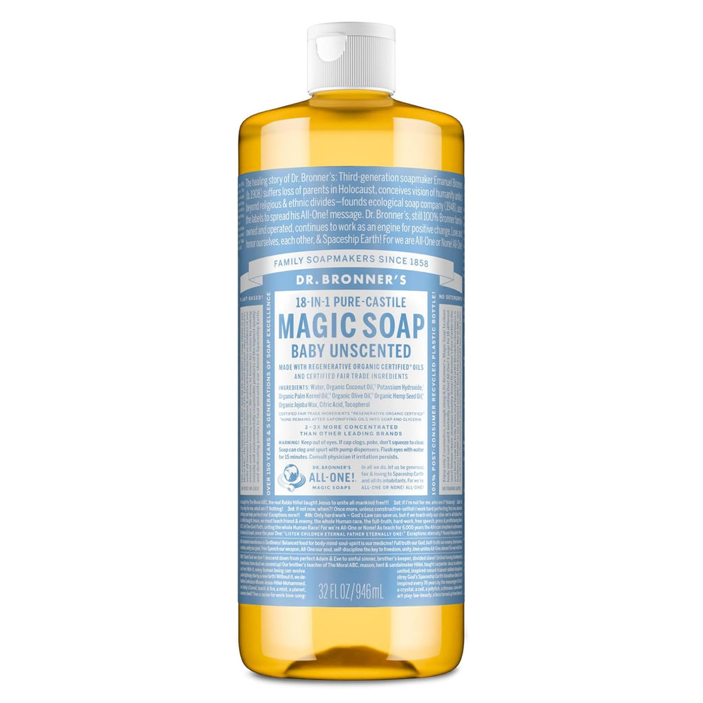 Pure-Castile Magic Soap Liquid (Baby Unscented, 32 Ounce) – Made with Regenerative Organic Certified Oils – for Sensitive Skin, Babies, Face, Hair, Laundry, Dishes, Hand Soap & Body Wash