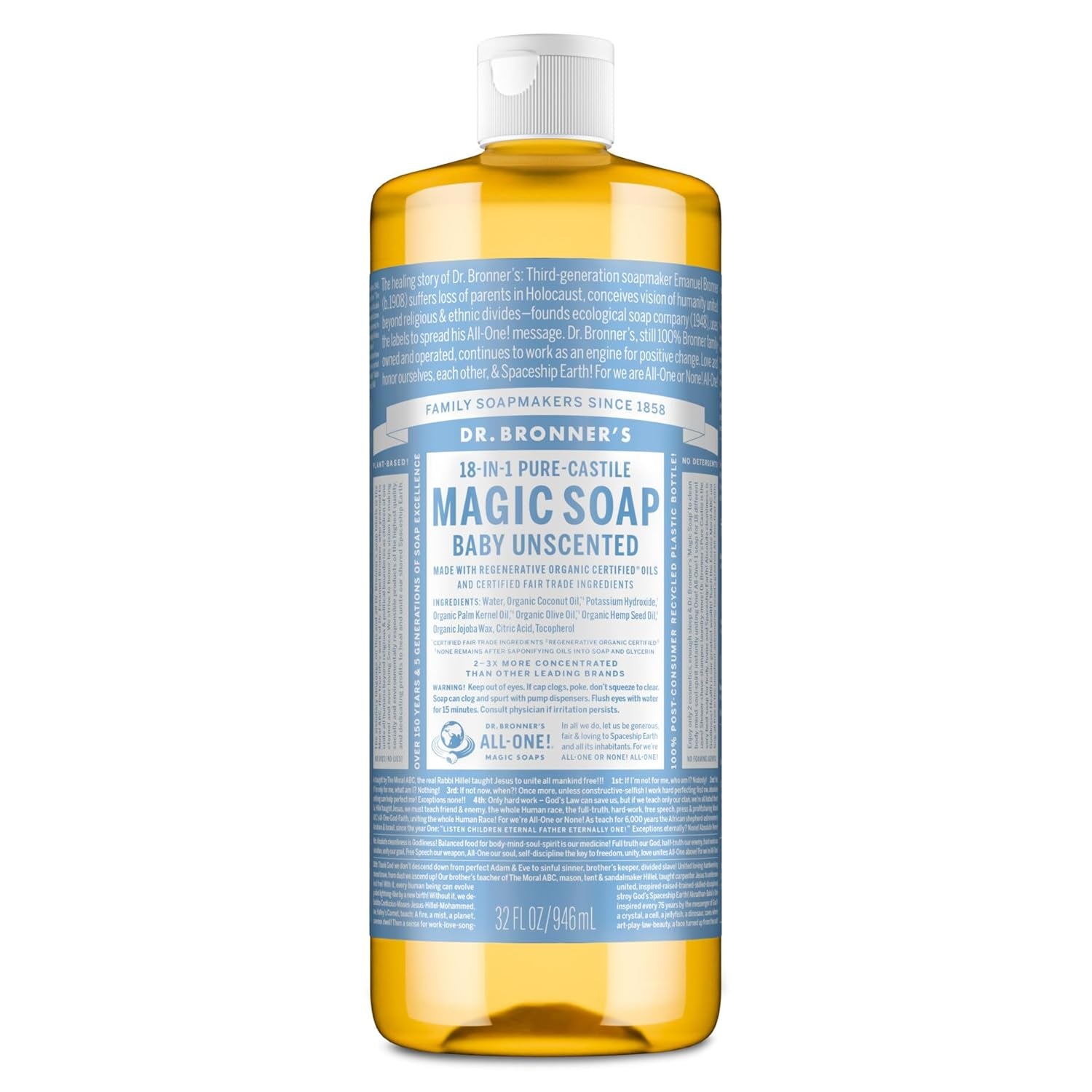 Pure-Castile Magic Soap Liquid (Baby Unscented, 32 Ounce) – Made with Regenerative Organic Certified Oils – for Sensitive Skin, Babies, Face, Hair, Laundry, Dishes, Hand Soap & Body Wash