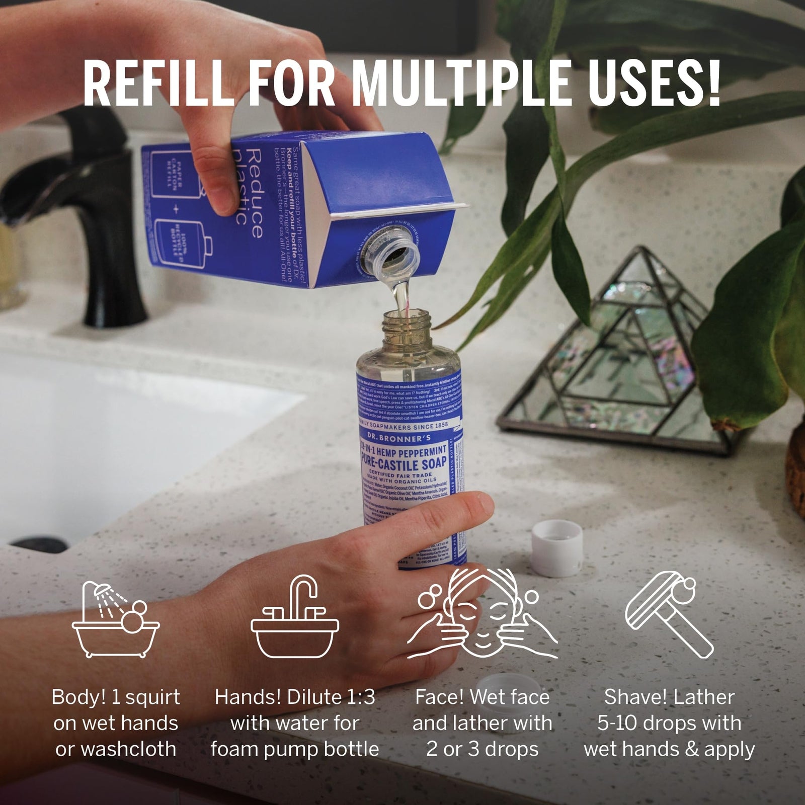 Dr Bronner'S Peppermint Pure Castile Liquid Soap 32 Fl Oz Organic Multiuse Cl...