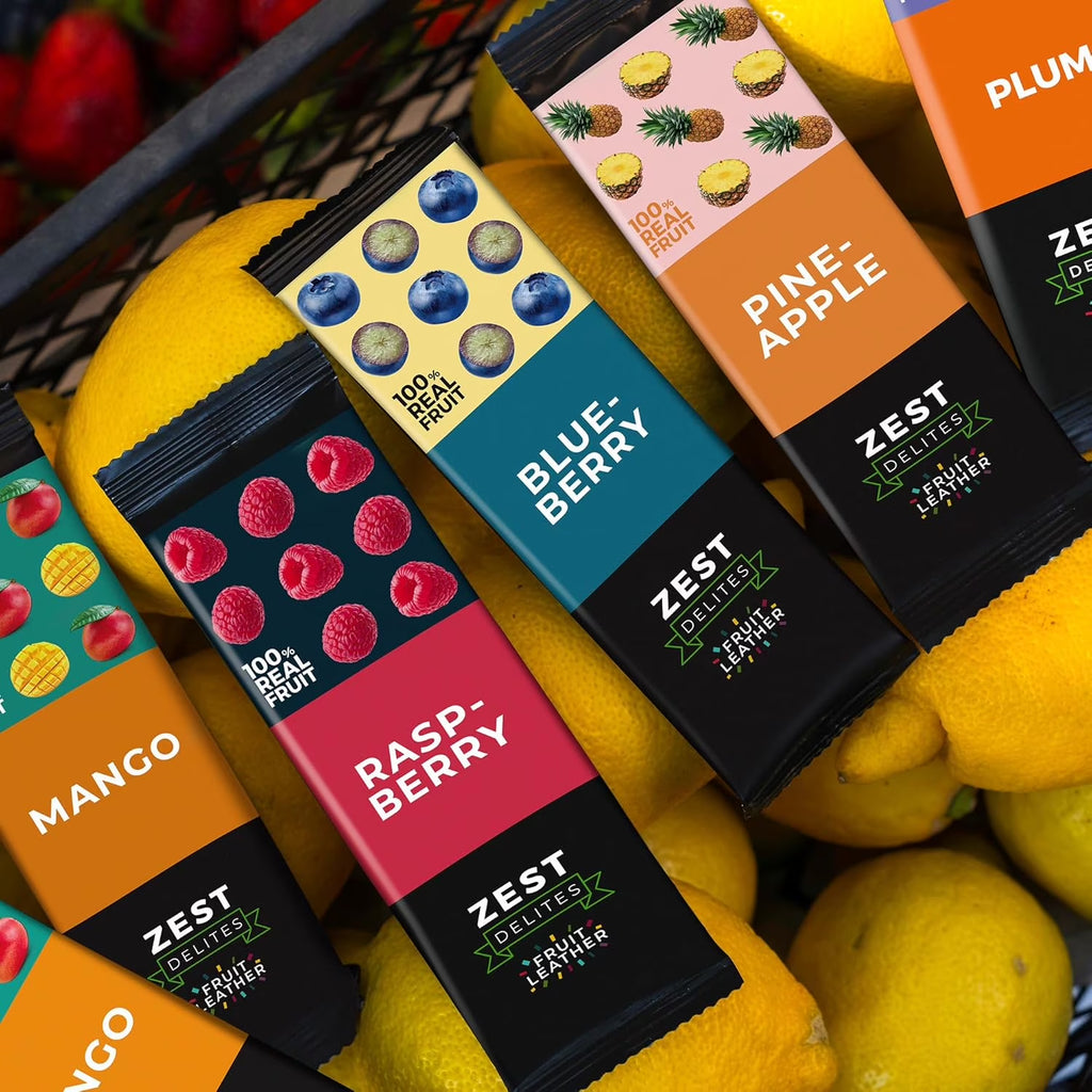 Fruit Leather Snacks, Vegan Fruit Bars, Berries & Tropical Flavors, Pack of 36
