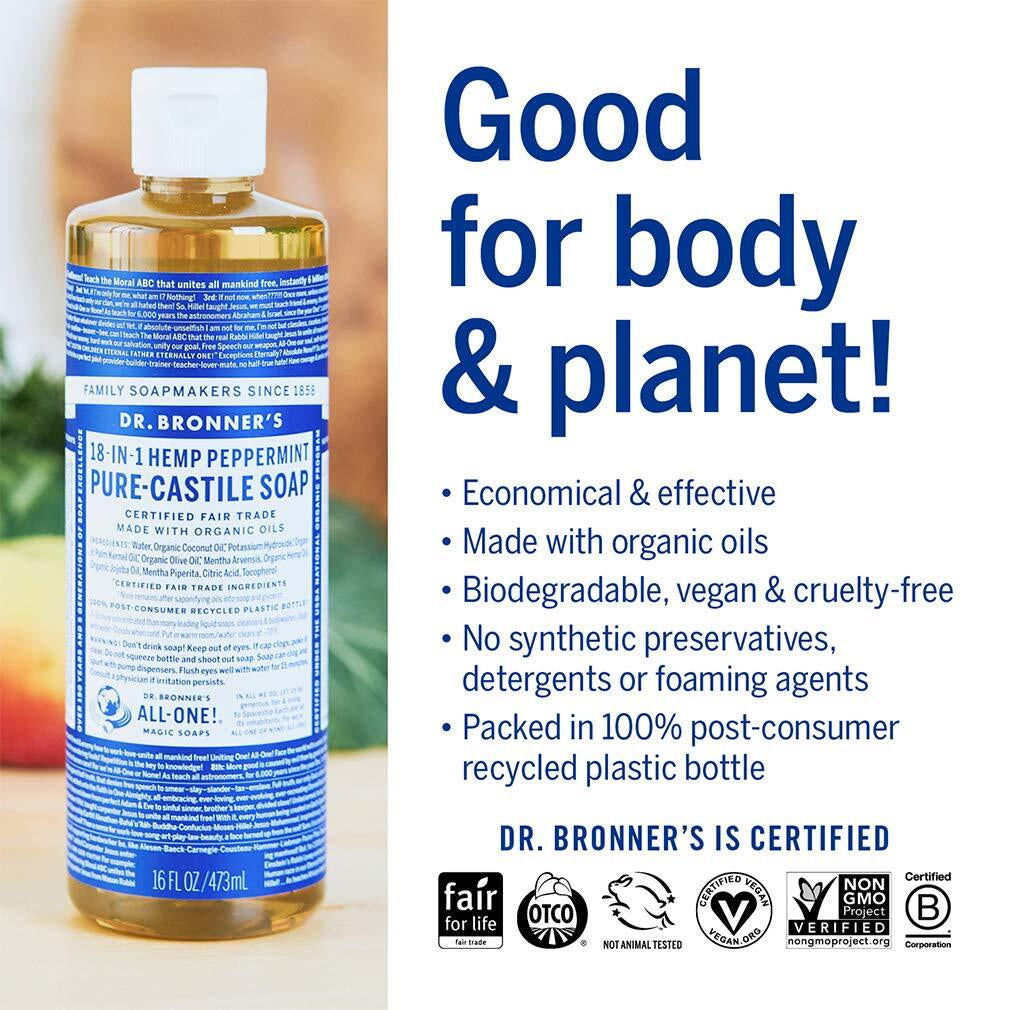 Dr Bronner'S Organic Peppermint Castile Soap 16 Fl Oz Pack of 2 Eco Friendly