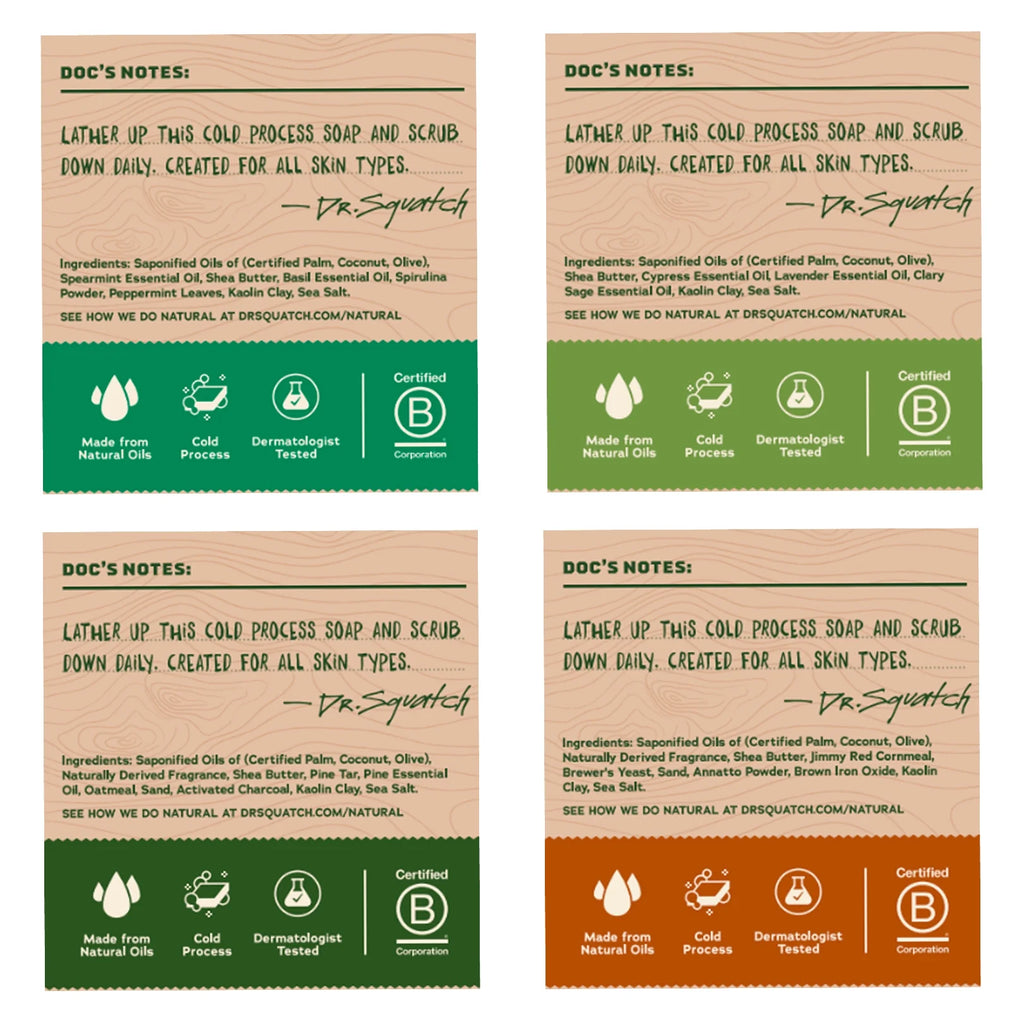 Bar Soap for Men - Cold Process, No Harsh Chemicals - Wood Barrel Bourbon, Pine Tar, Spearmint Basil, Alpine Sage (5 Oz, 4-Pack)