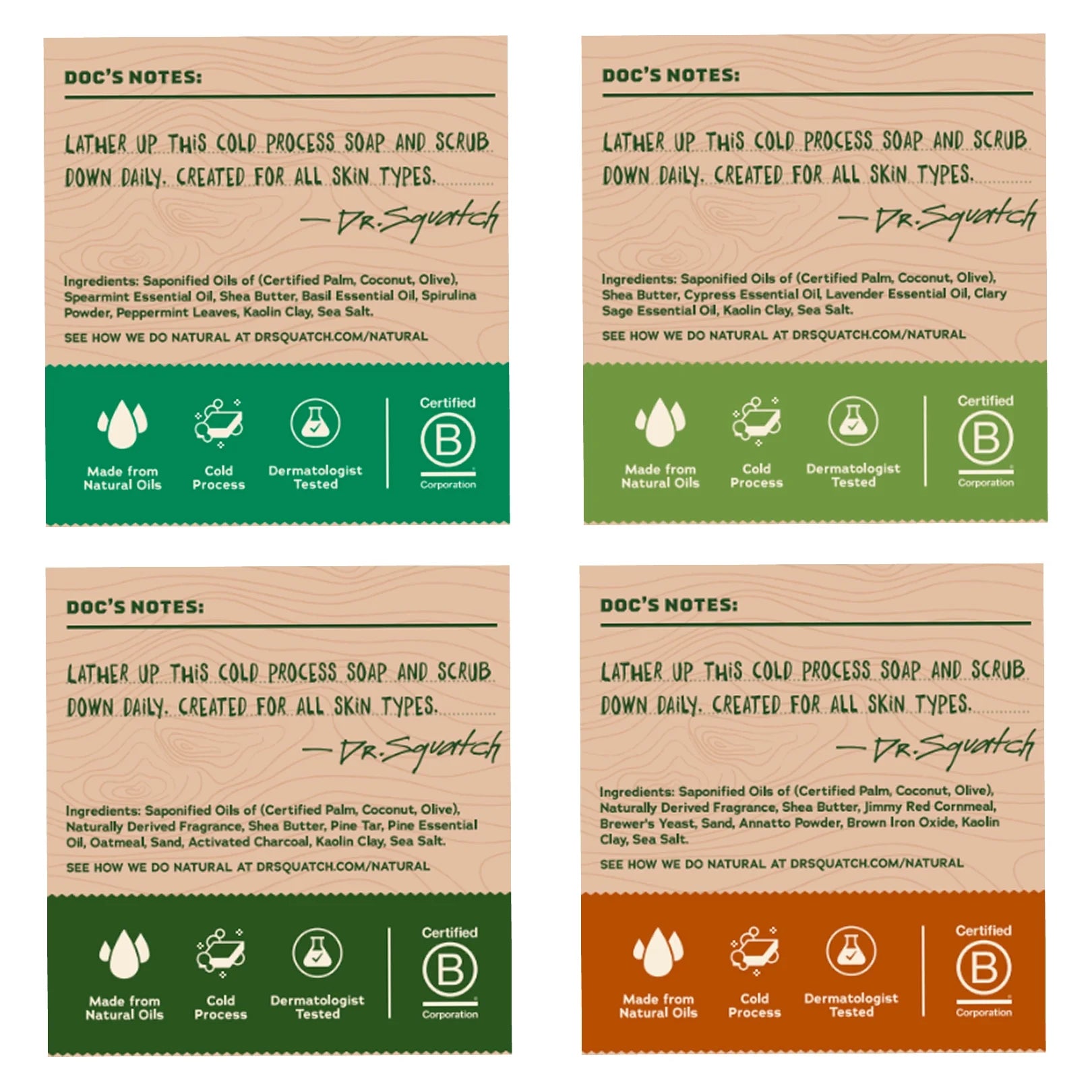 Bar Soap for Men - Cold Process, No Harsh Chemicals - Wood Barrel Bourbon, Pine Tar, Spearmint Basil, Alpine Sage (5 Oz, 4-Pack)