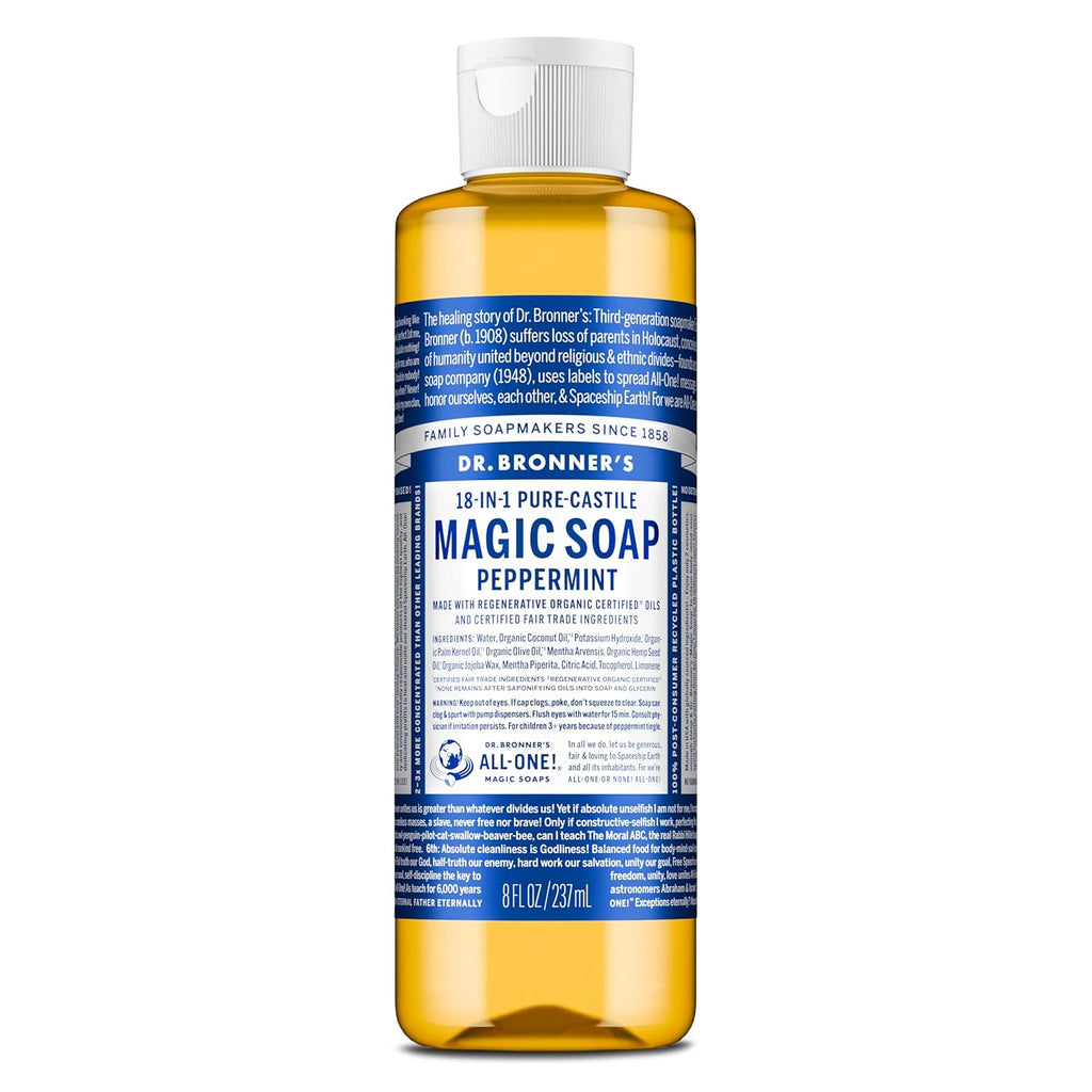 Pure-Castile Magic Liquid Soap (Peppermint, 8 Ounce)- Made with Organic Oils, 18-In1 Uses: Face, Hair, Hand & Body Soap, Laundry, Pets- Concentrated, Vegan, Non-Gmo