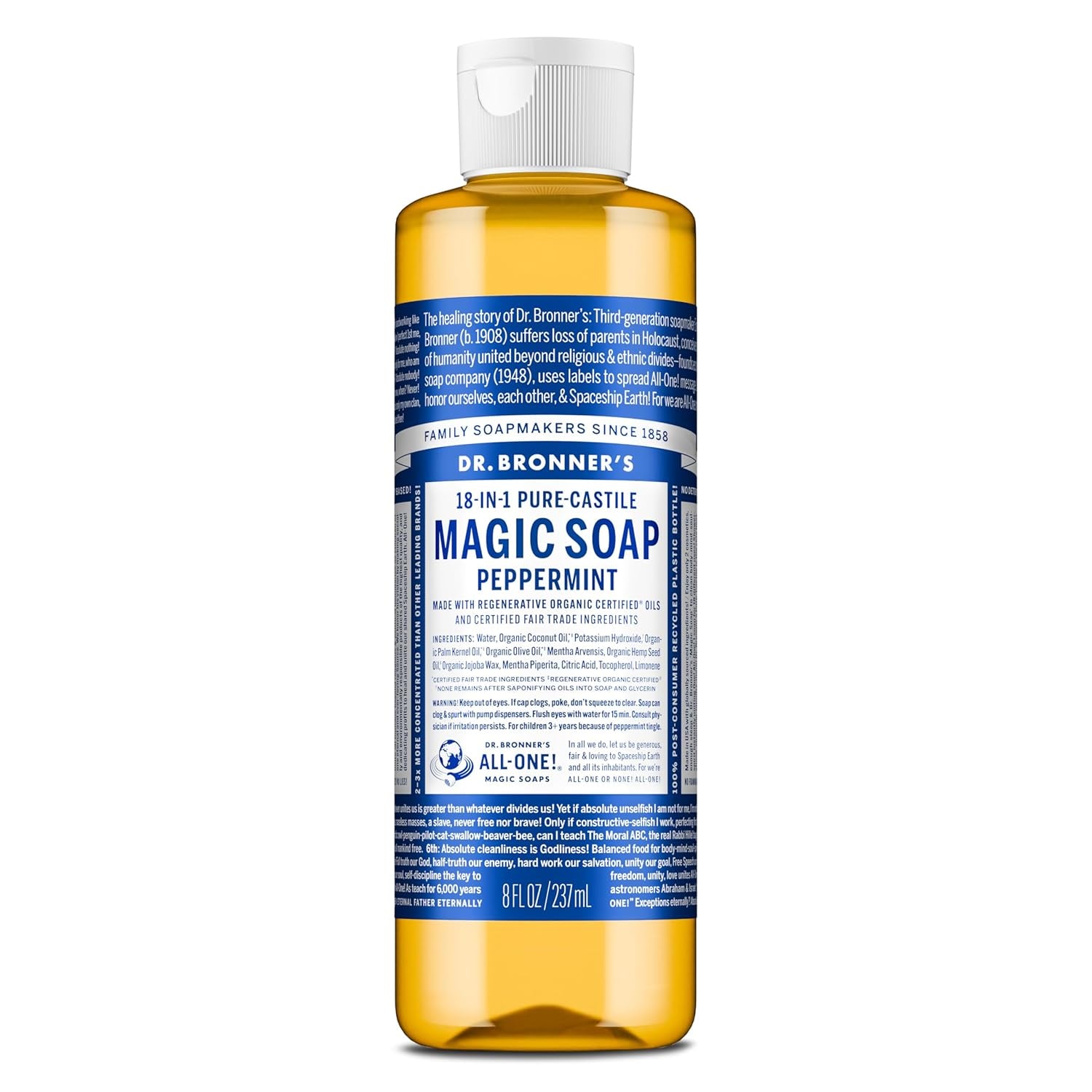 Pure-Castile Magic Liquid Soap (Peppermint, 8 Ounce)- Made with Organic Oils, 18-In1 Uses: Face, Hair, Hand & Body Soap, Laundry, Pets- Concentrated, Vegan, Non-Gmo