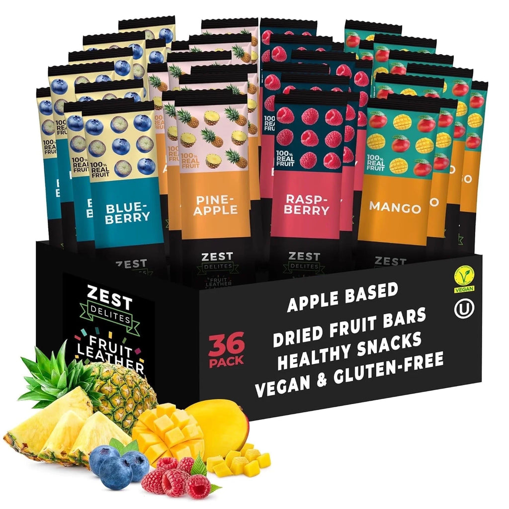 Fruit Leather Snacks, Vegan Fruit Bars, Berries & Tropical Flavors, Pack of 36