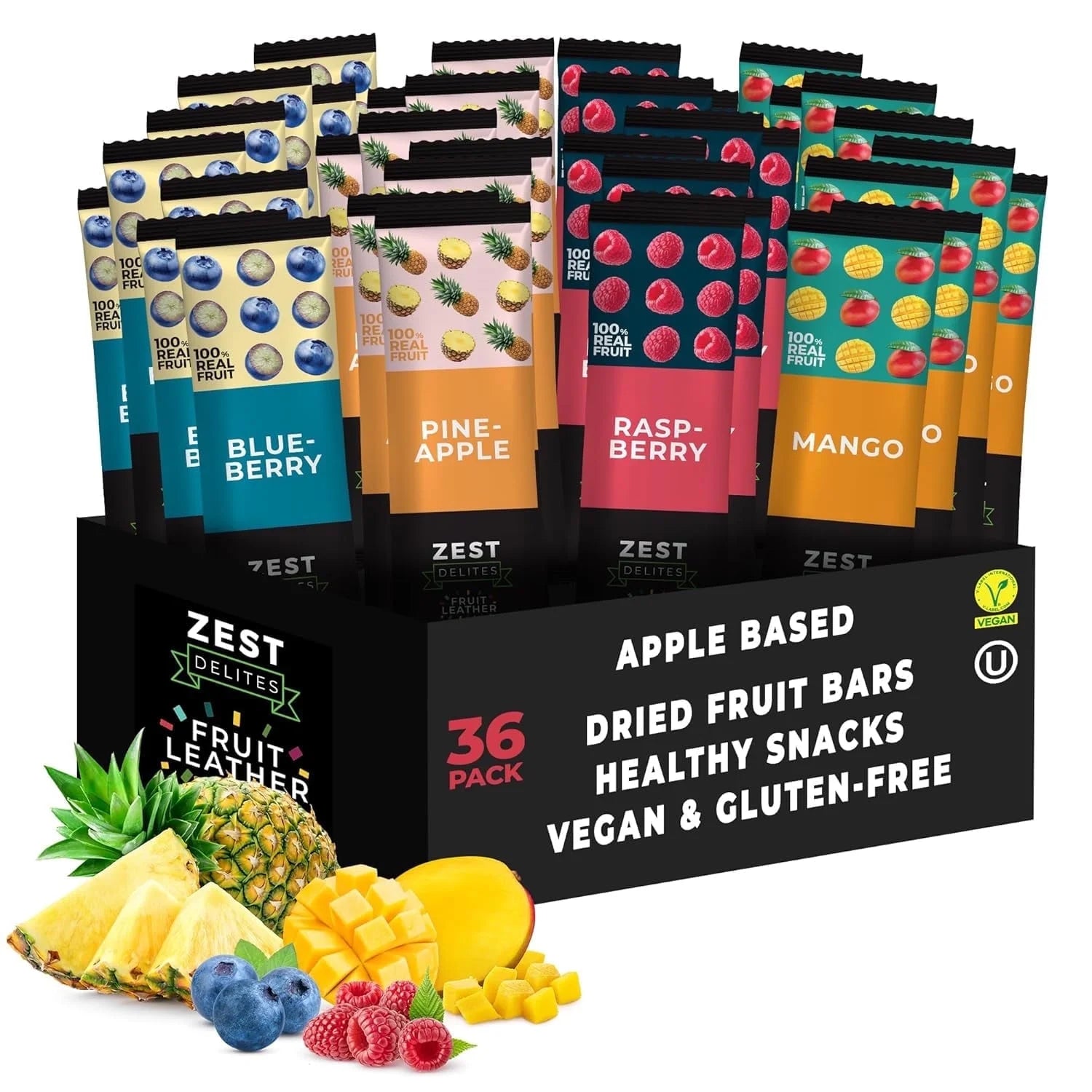 Fruit Leather Snacks, Vegan Fruit Bars, Berries & Tropical Flavors, Pack of 36