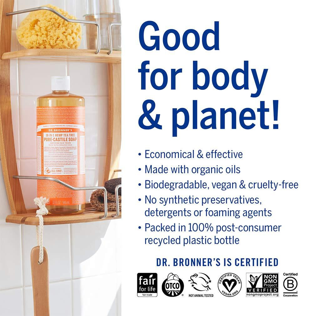 Dr Bronner'S Tea Tree Pure Castile Soap 32Oz Organic Fair Trade Cleaning Agent