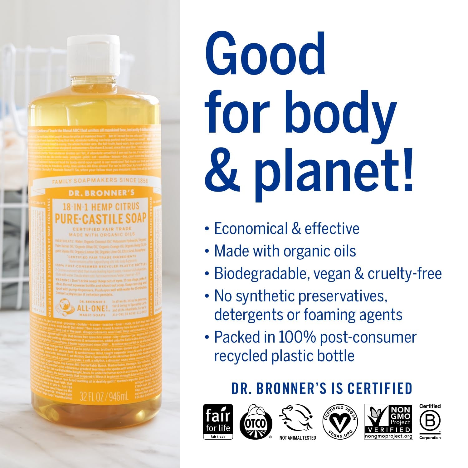 Magic Soap-Pure-Castile Liquid Soap (Citrus, 32Oz, 2-Pack)-Regenerative Organic Certified Oils, 18-In-1 Uses: Body, Hair, Laundry, Pets & Dishes, Concentrated, Vegan, Non-Gmo