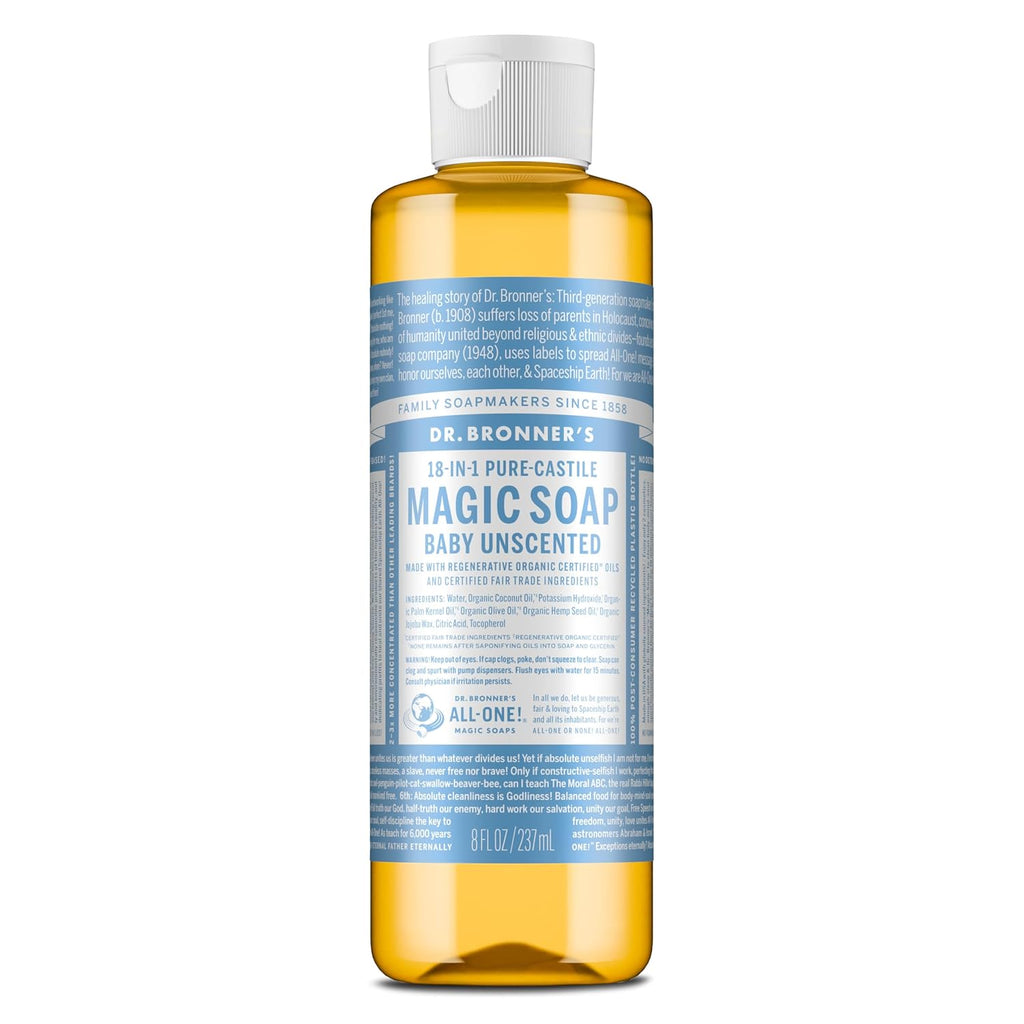 Pure-Castile Magic Liquid Soap (Baby Unscented, 8 Ounce)- Made with Regenerative Organic Certified Oils, for Face, Body Wash, Baby Soap, Sensitive Skin, No Added Fragrance, Vegan