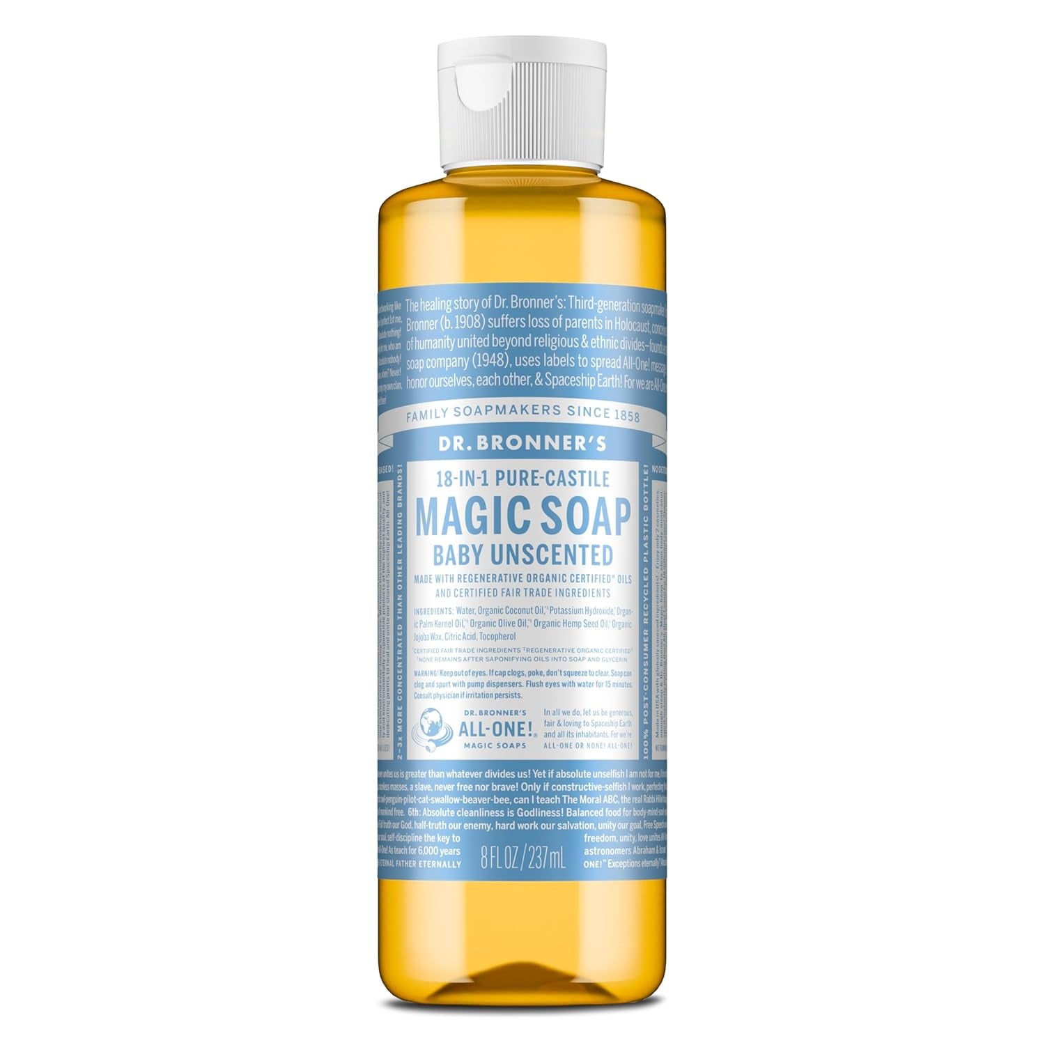Pure-Castile Magic Liquid Soap (Baby Unscented, 8 Ounce)- Made with Regenerative Organic Certified Oils, for Face, Body Wash, Baby Soap, Sensitive Skin, No Added Fragrance, Vegan