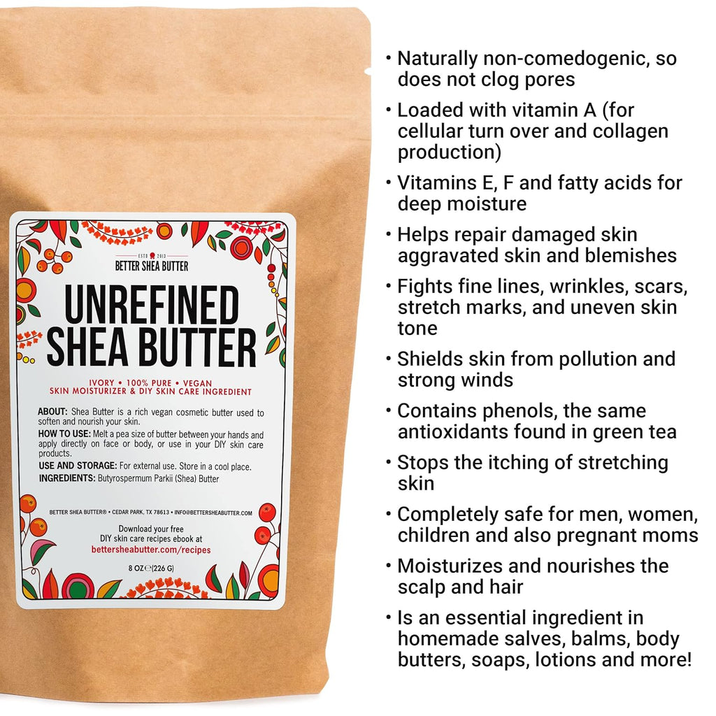 Raw Shea Butter – 100% Pure Unrefined African Shea Butter with Natural Smoky Scent | Deep Moisturizer for Dry Skin, Hair & Scalp | DIY Body Butter, Lip Balm & Soap Base (8 Oz Block)