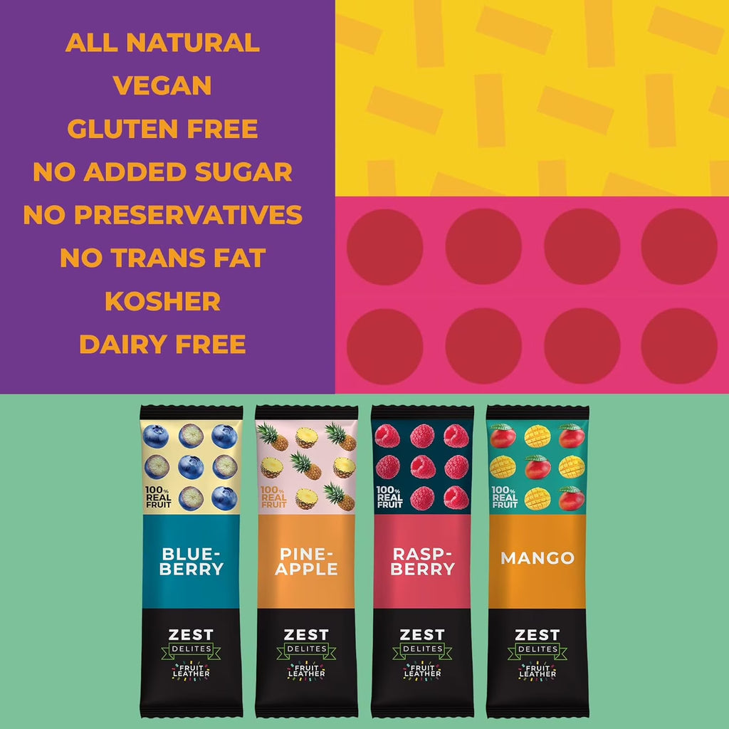Fruit Leather Snacks, Vegan Fruit Bars, Berries & Tropical Flavors, Pack of 36