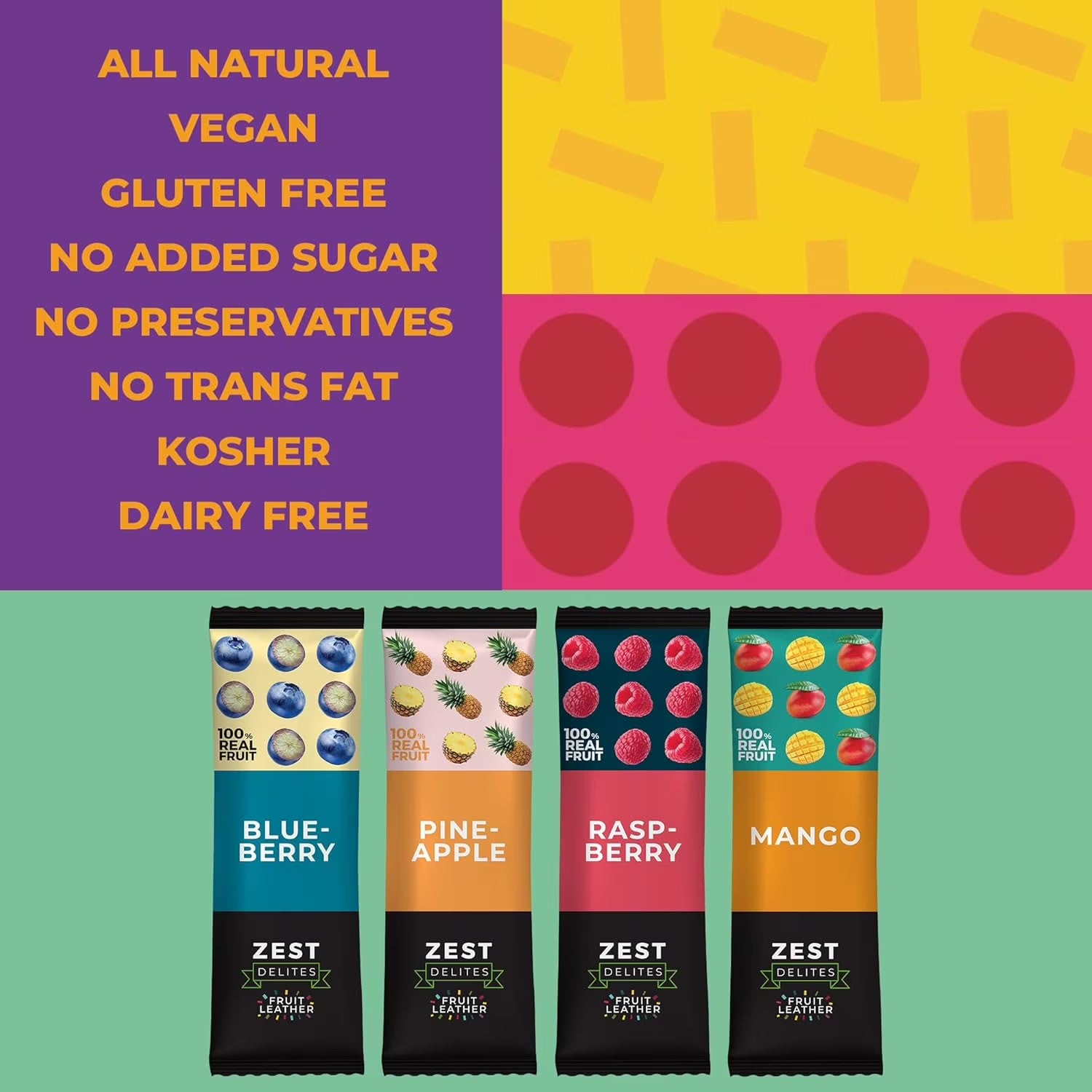 Fruit Leather Snacks, Vegan Fruit Bars, Berries & Tropical Flavors, Pack of 36