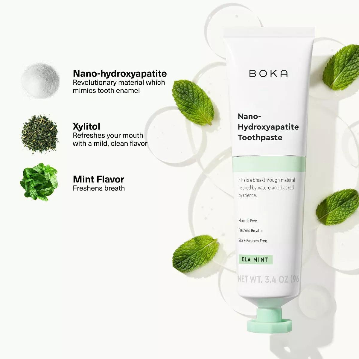 Boka Ela Mint- Fluoride Free- Nano Hydroxyapatite Toothpaste - 3.4Oz: Non-Toxic, Peppermint, 1 Count