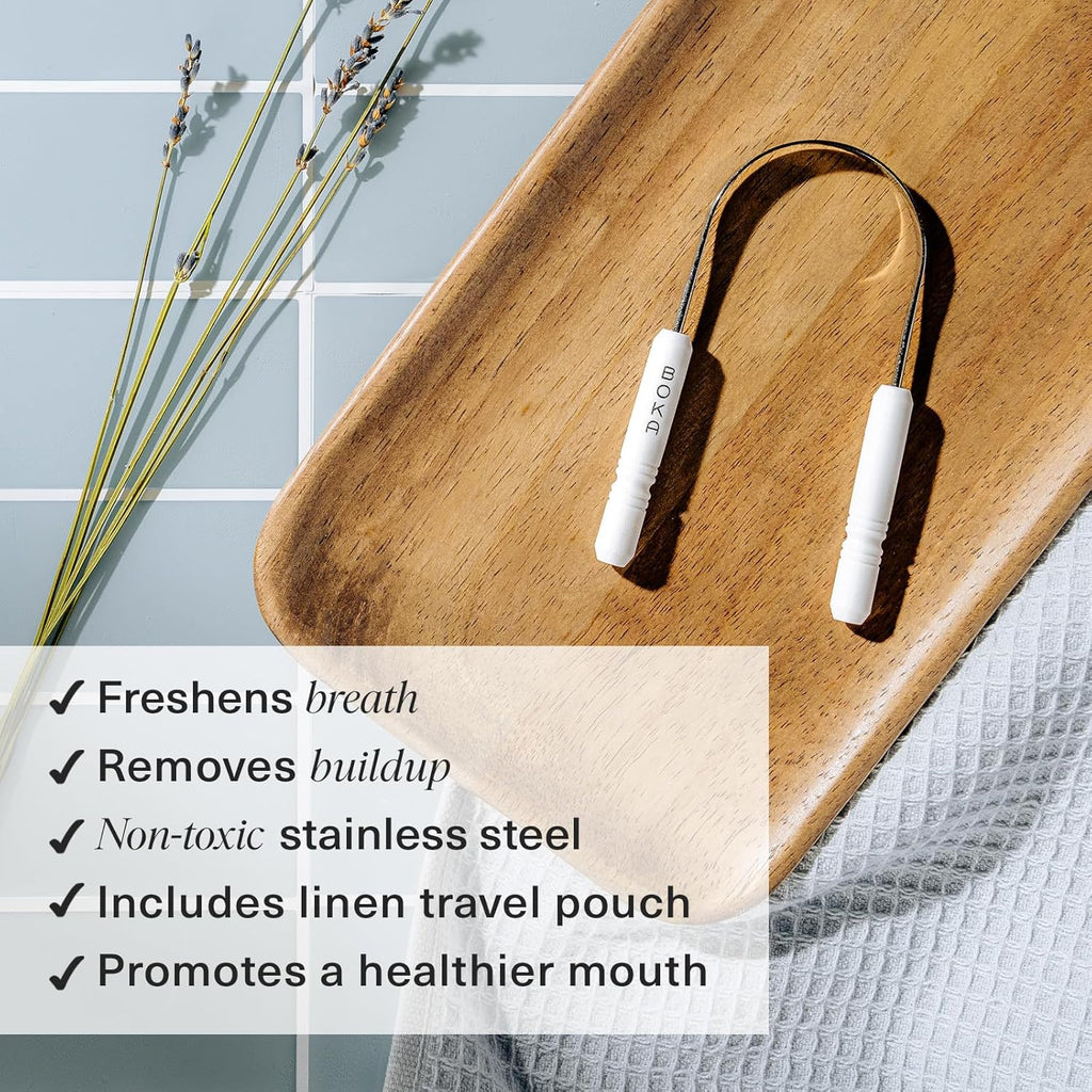 Tongue Scraper for Adults & Kids with Case - Stainless Steel Tongue Cleaner W/Linen Travel Pouch - Scrubber to Remove Tongue Buildup and Freshens Breath (Pack of 1)