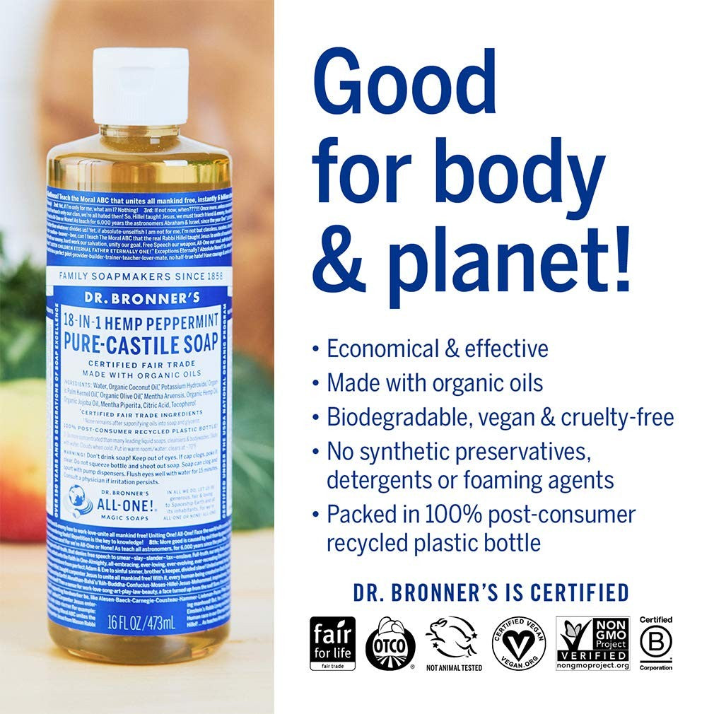 Dr Bronner'S 16 Fl Oz Pure Castile Soap Peppermint Organic Fair Trade Cleanser