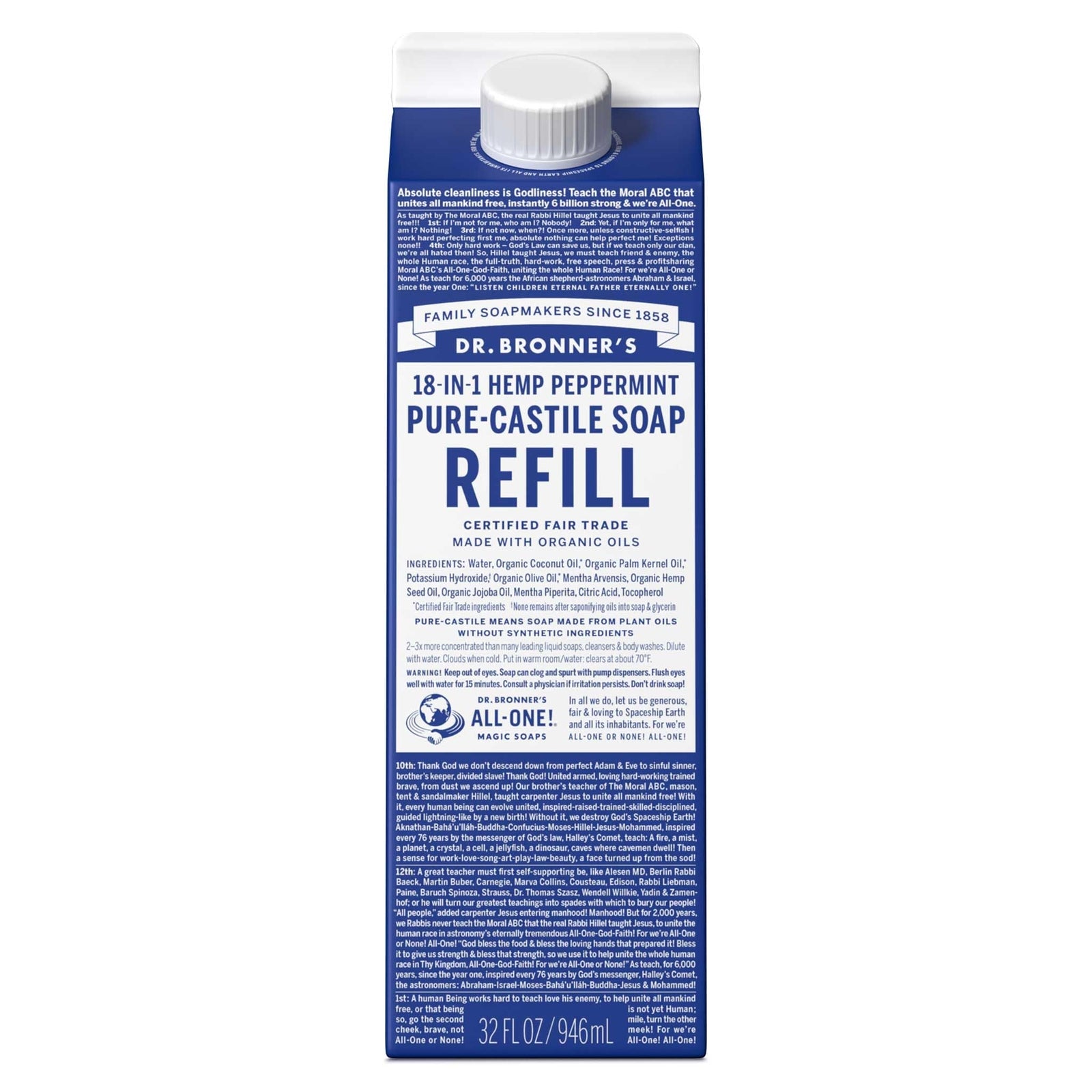 Dr Bronner'S Peppermint Pure Castile Liquid Soap 32 Fl Oz Organic Multiuse Cl...