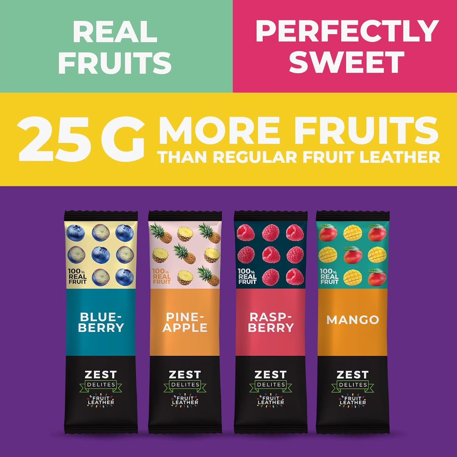 Fruit Leather Snacks, Vegan Fruit Bars, Berries & Tropical Flavors, Pack of 36