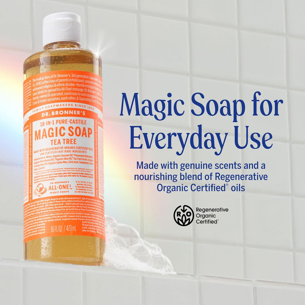 Pure-Castile Magic Soap Liquid (Tea Tree, 32 Ounce, 2-Pack) - Made with Regenerative Organic Certified Oils, 18-In-1 Uses: Body, Hair, Laundry & Dishes, Concentrated, Vegan, Non-Gmo