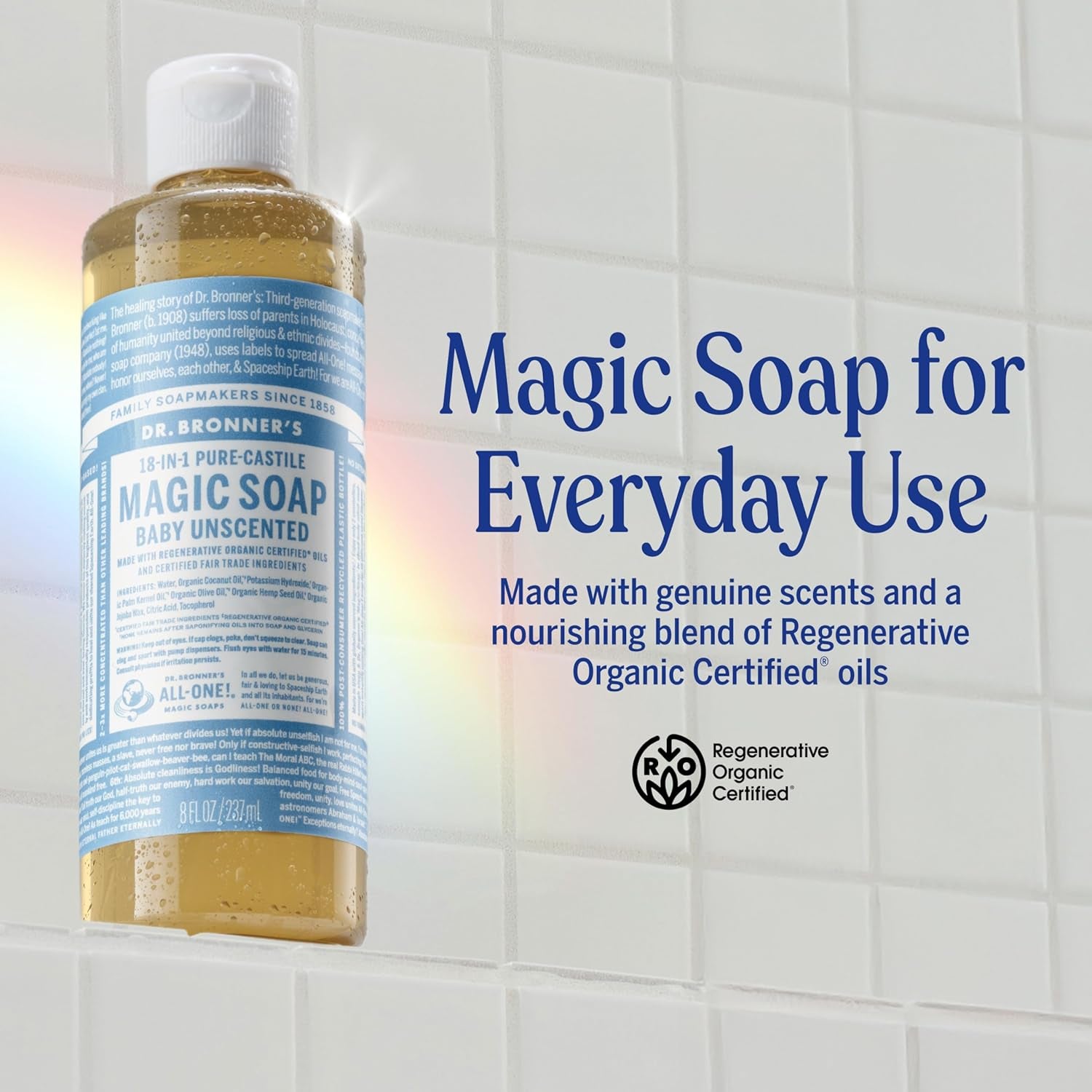 Pure-Castile Magic Liquid Soap (Baby Unscented, 8 Ounce)- Made with Regenerative Organic Certified Oils, for Face, Body Wash, Baby Soap, Sensitive Skin, No Added Fragrance, Vegan