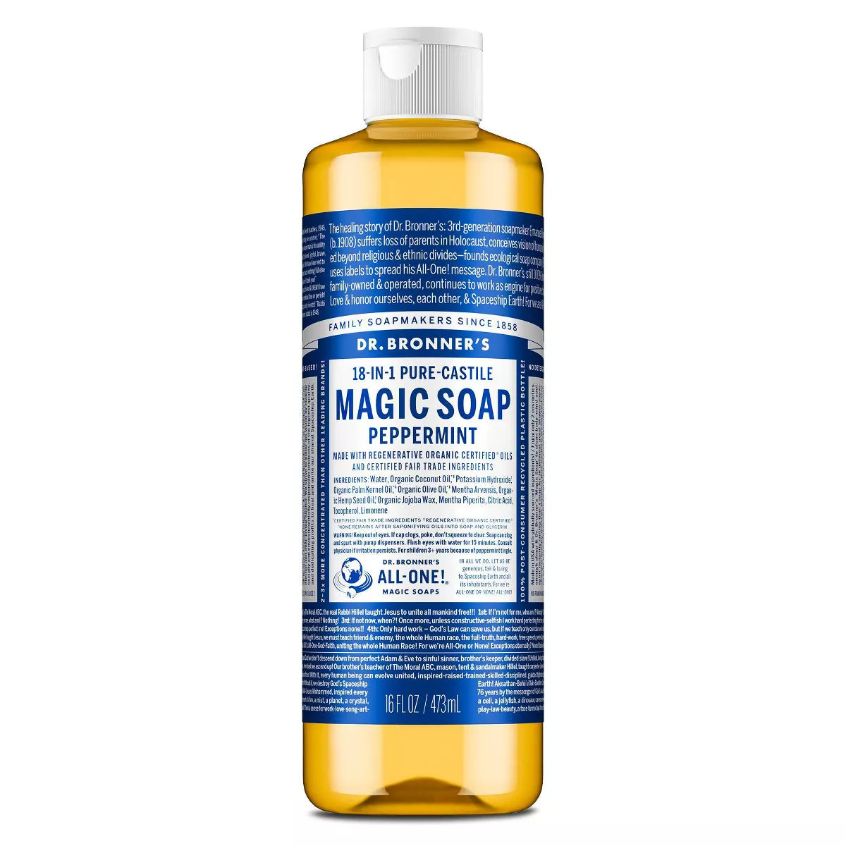 Dr. Bronner'S Magic Pure Castile Liquid Soap Bodywash - Peppermint - 16 Fl Oz: Vegan, Paraben-Free, Whole Body, Normal Skin