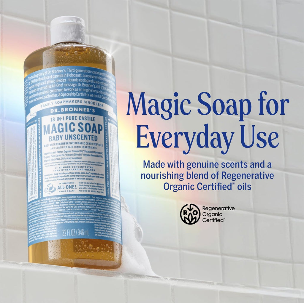 Pure-Castile Magic Soap Liquid (Baby Unscented, 32 Ounce) – Made with Regenerative Organic Certified Oils – for Sensitive Skin, Babies, Face, Hair, Laundry, Dishes, Hand Soap & Body Wash
