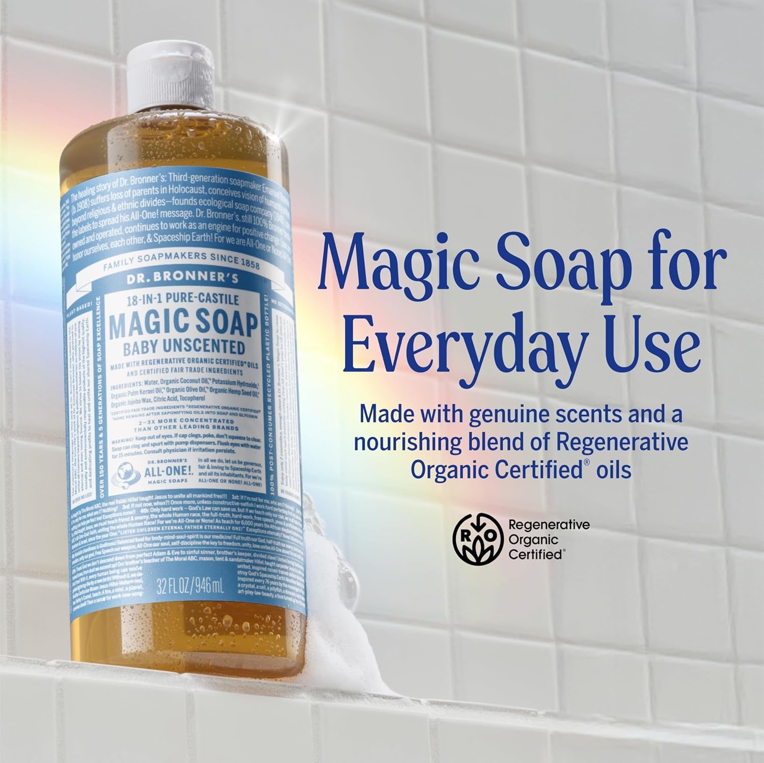 Pure-Castile Magic Soap Liquid (Baby Unscented, 32 Ounce) – Made with Regenerative Organic Certified Oils – for Sensitive Skin, Babies, Face, Hair, Laundry, Dishes, Hand Soap & Body Wash