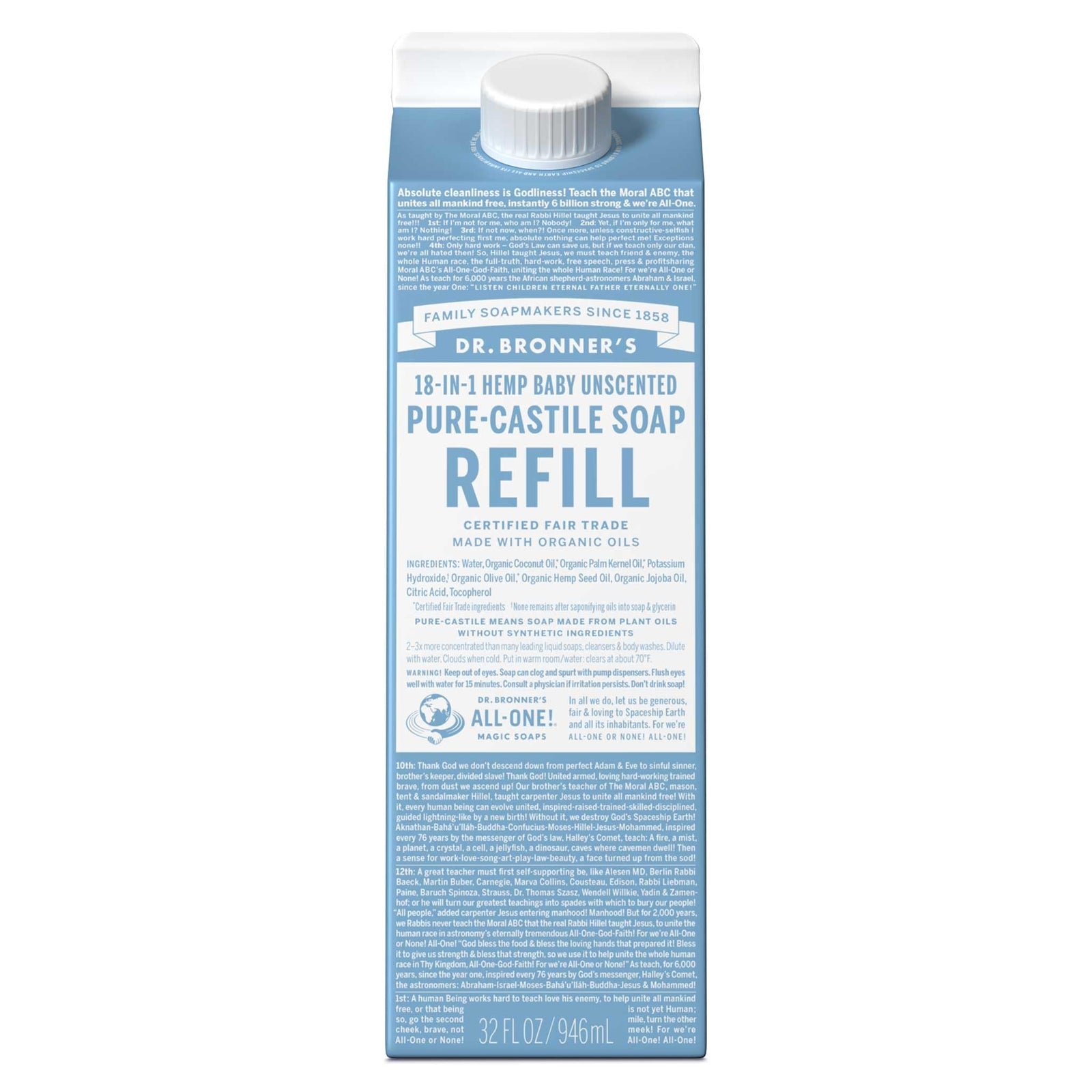Dr Bronner'S Baby Unscented Pure Castile Soap 32 Fl Oz Organic Vegan Cleanser