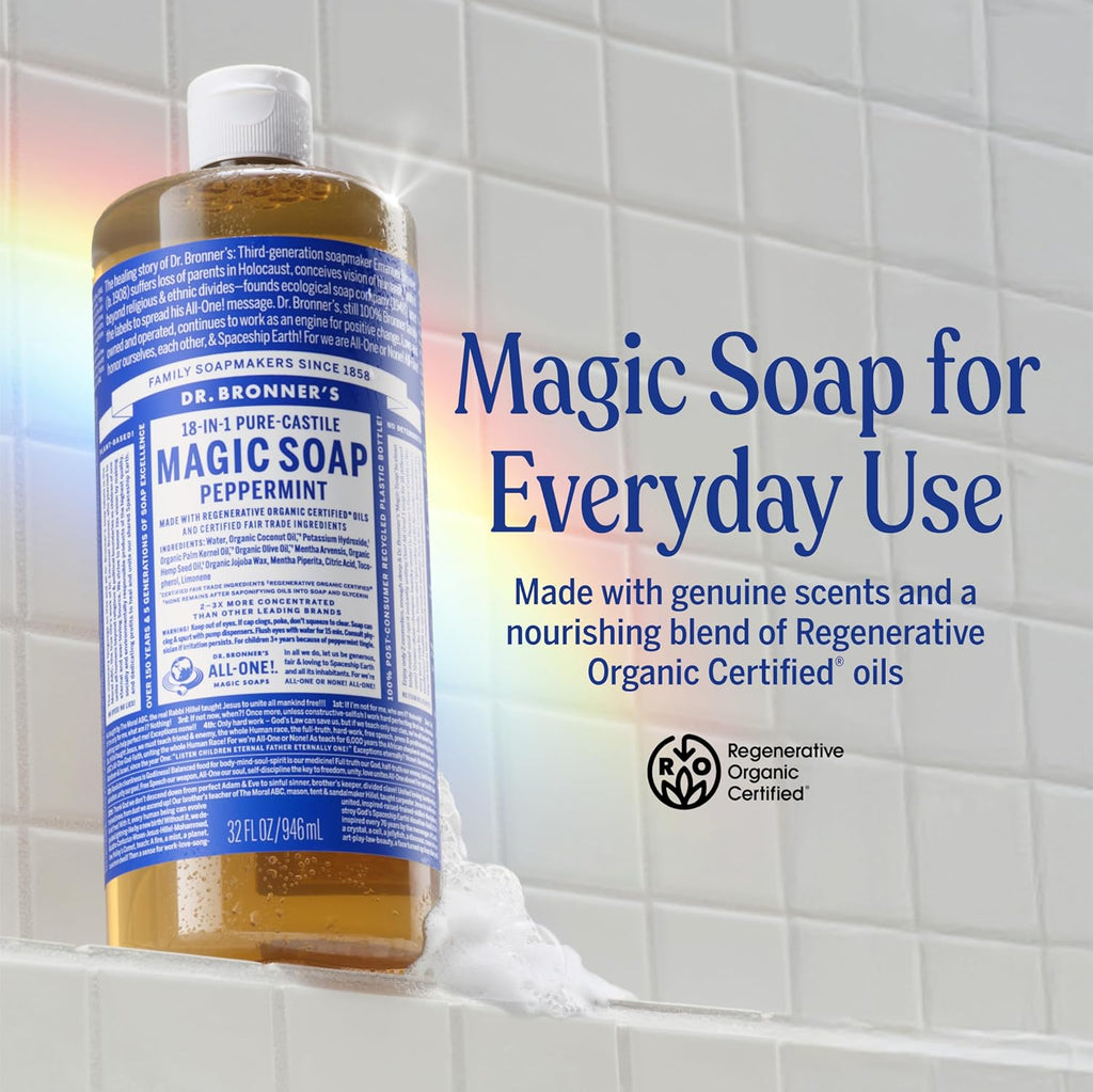 Pure-Castile Magic Liquid Soap - Made with Regenerative Organic Certified Oils- 18-In-1 Uses for Face, Body, Hand, Hair, Laundry & More- Vegan, Non-Gmo- Body Wash- Peppermint,32Oz