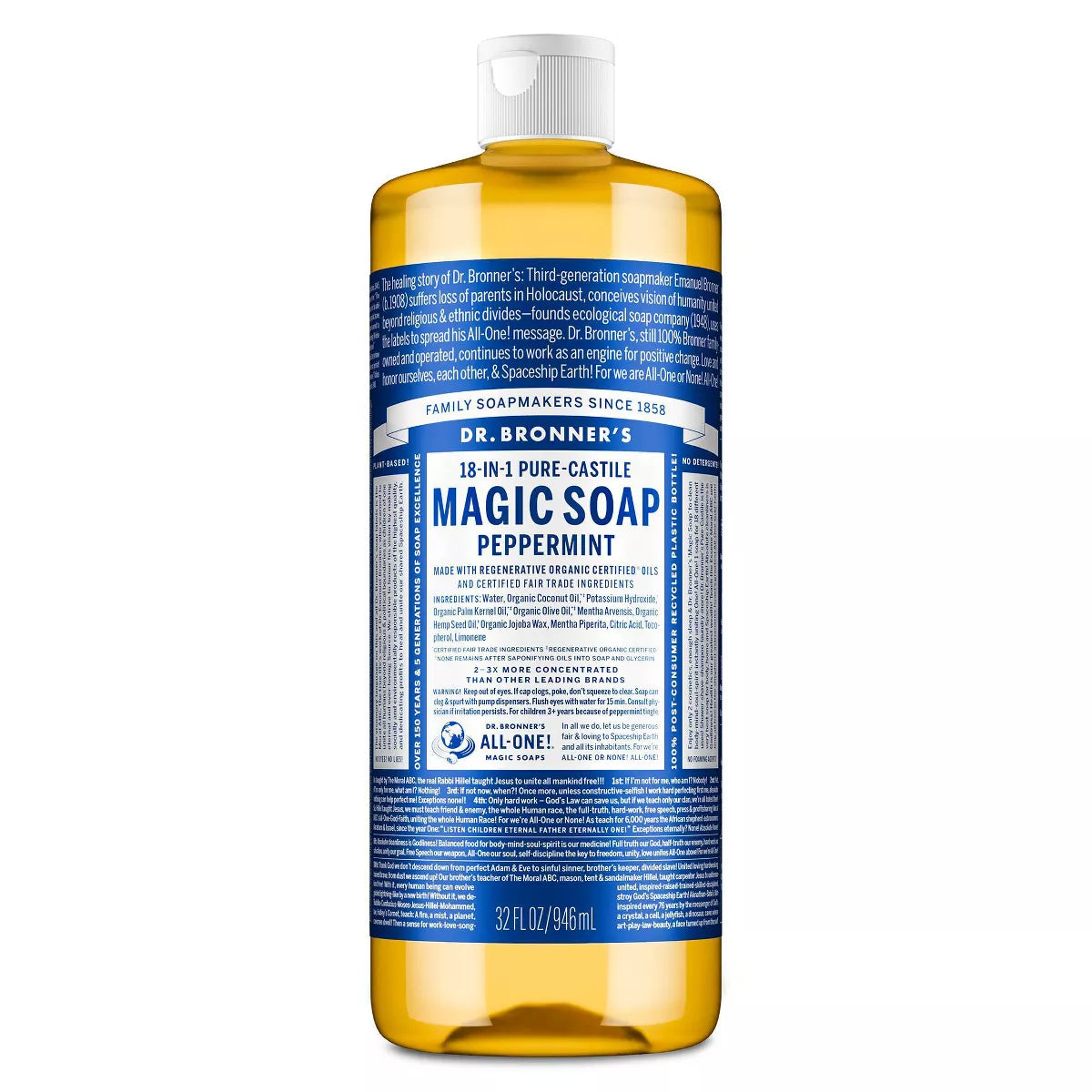 Dr. Bronner'S Magic Pure Castile Liquid Soap Bodywash - Peppermint - 32 Fl Oz: Basic Cleansing, Vegan, Whole Body, Made without Parabens