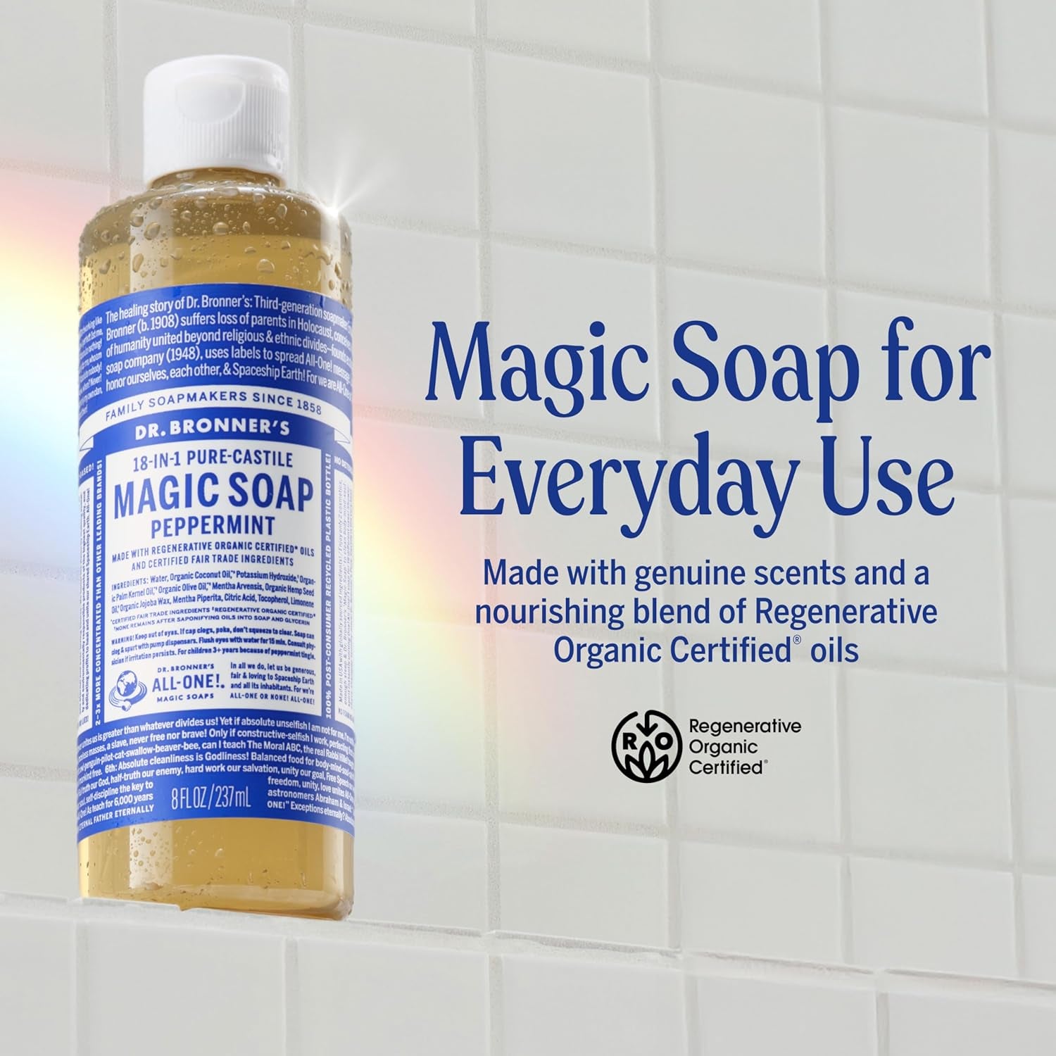 Pure-Castile Magic Liquid Soap (Peppermint, 8 Ounce)- Made with Organic Oils, 18-In1 Uses: Face, Hair, Hand & Body Soap, Laundry, Pets- Concentrated, Vegan, Non-Gmo